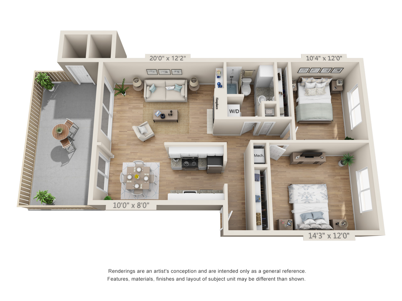 Floor plan for 2 beds, 1 bath, 945 sqft